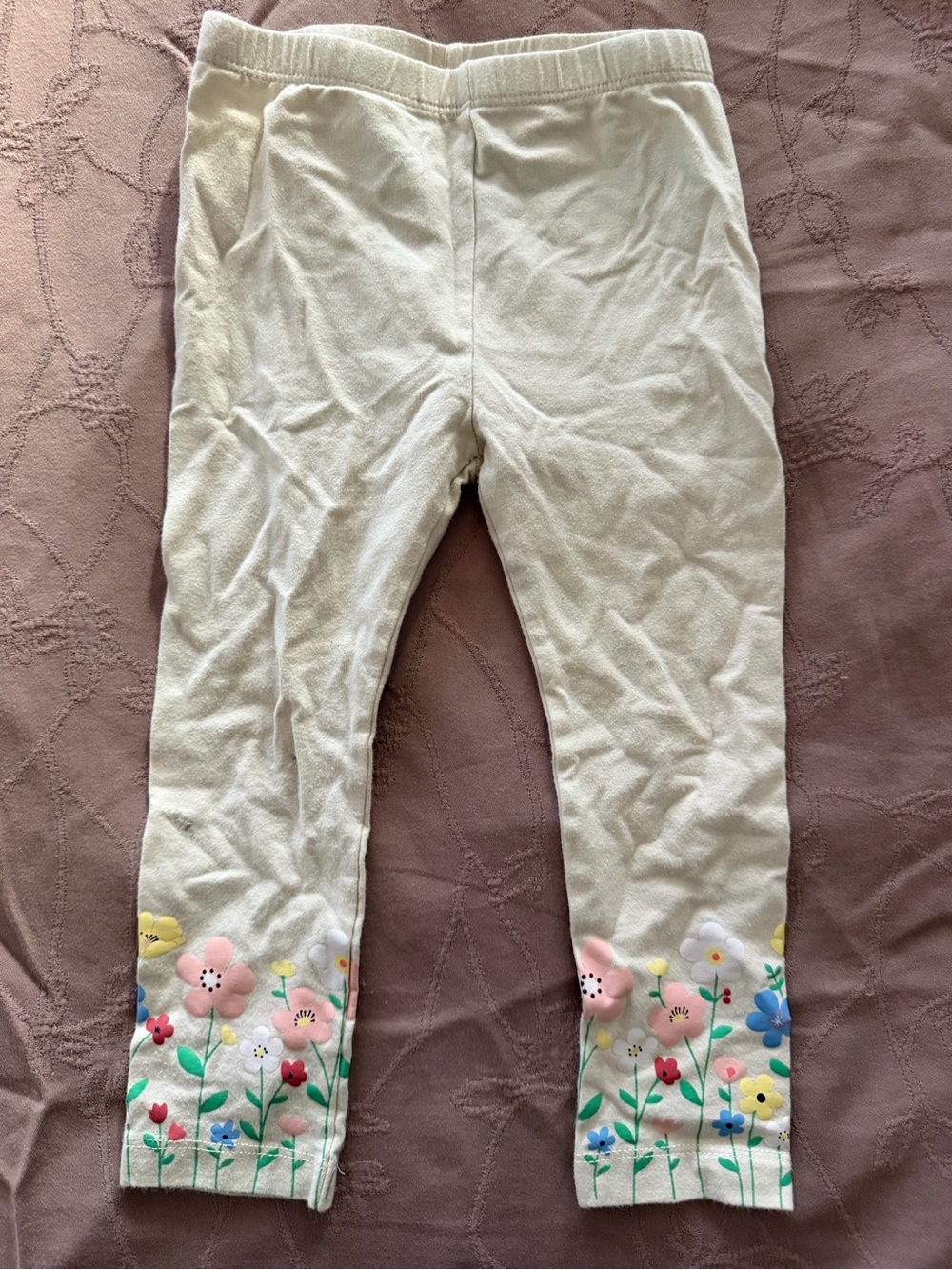 First Impressions Cream Girls' Leggings with Multicolor Floral Accents